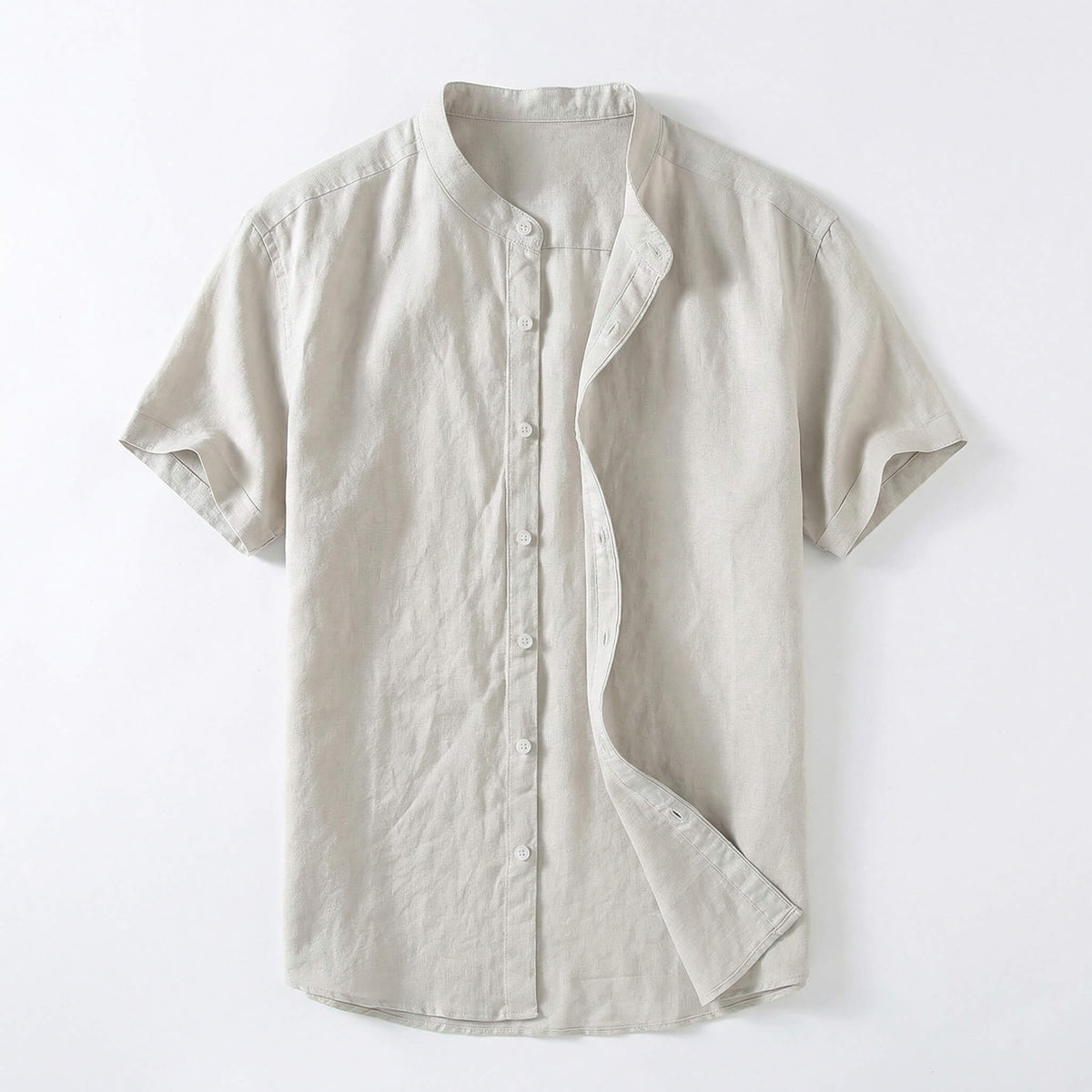 Camisa de lino hombre — cuello banda manga corta — ropa casual playa